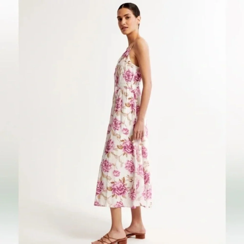 Abercrombie & Fitch Crinkle Textured Smocked Waist Midi Dress